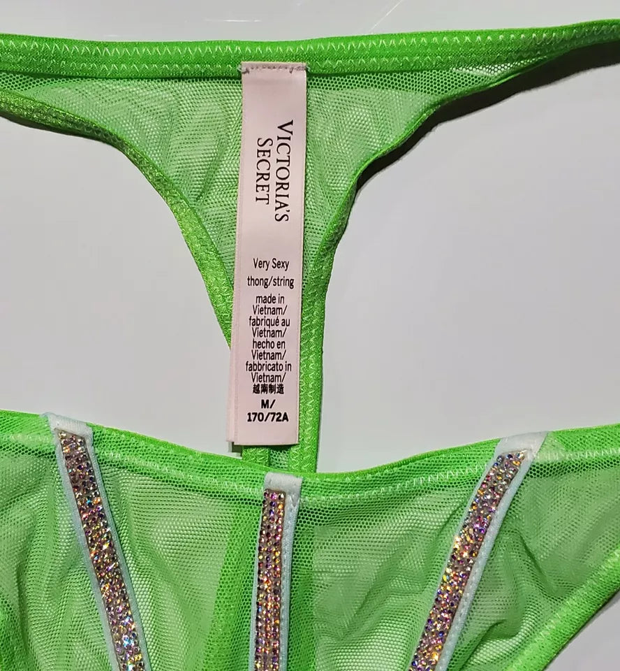 Victorias Secret Thong Panty Sheer SHINE Strap 6/M GREEN Citron Very Sexy - Star Vintage & More