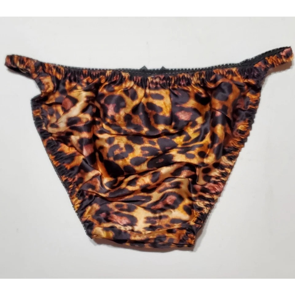 Liquid Satin String Bikini Panty Shiny Double Silk Gusset Hot Leopard Print 5/S