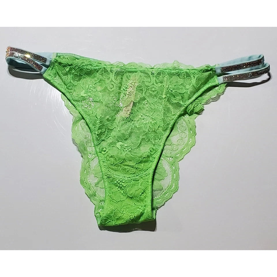 Victoria's Secret Double Shine Strap Brazilian Panty Sheer All Lace Green Citron