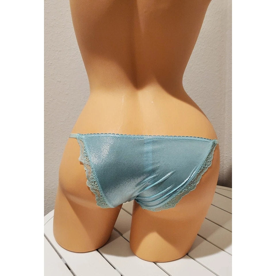 Victoria's Secret Dream Angels String Bikini Panty Shiny Lace Trim Sea Tide Green XS