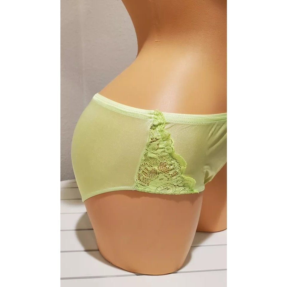 Shadowline 11182 Lace Insets Bikini Panty Shiny Nylon Full Cut Citron Green