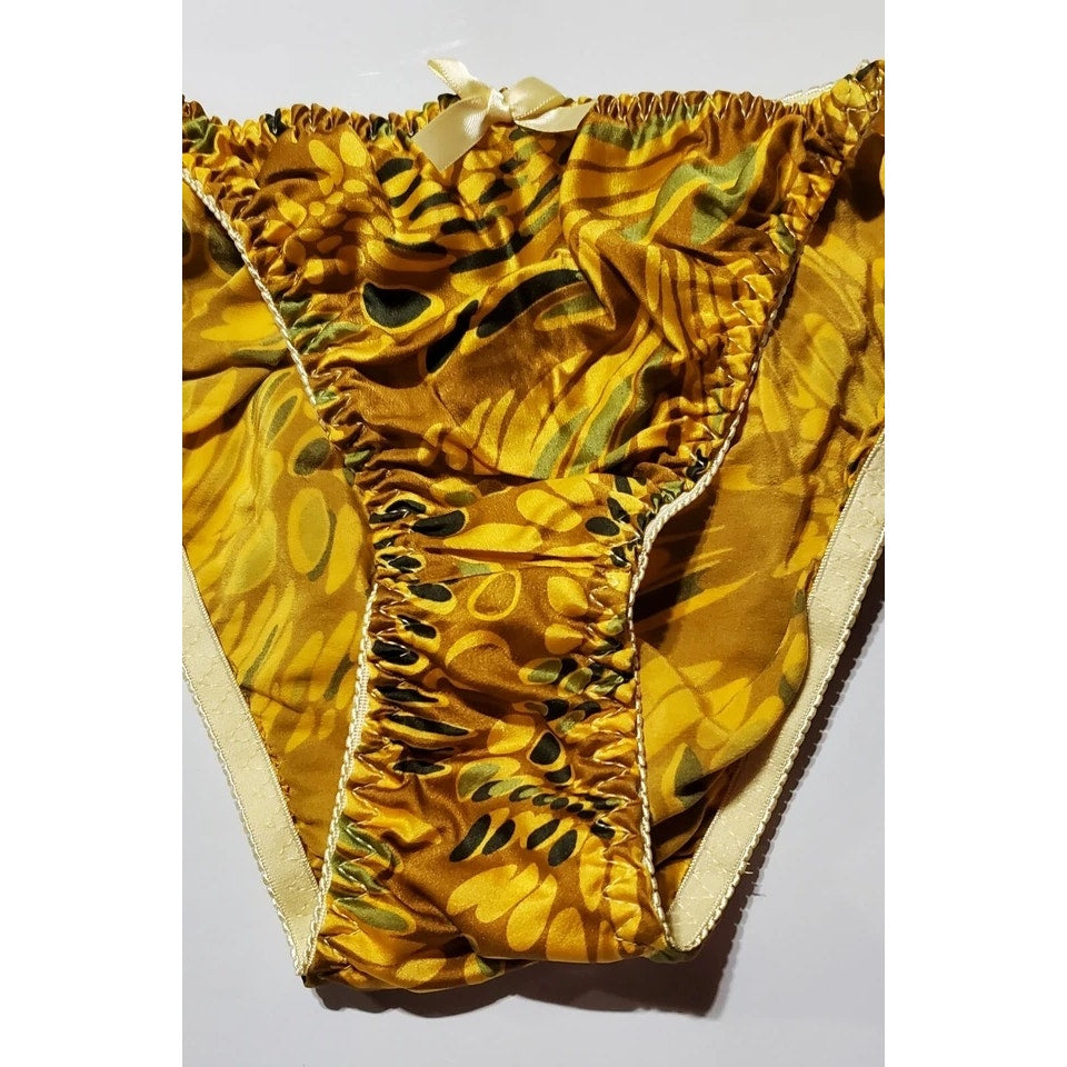 Liquid Satin String Bikini Panty Shiny Double Silk Gusset Tulip Yellow Print 7/L