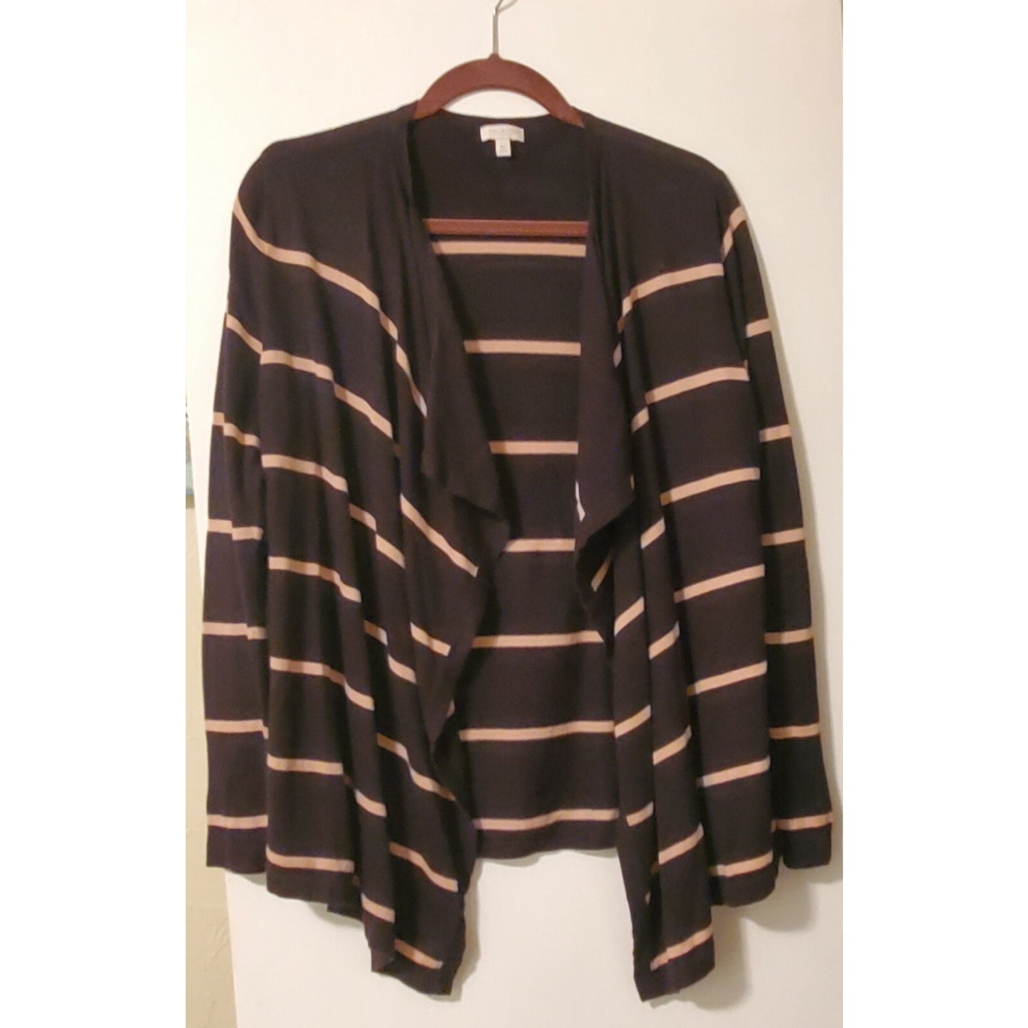 Talbots Cardigan Sweater Open Front Drape Black Mauve Stripe Petite M