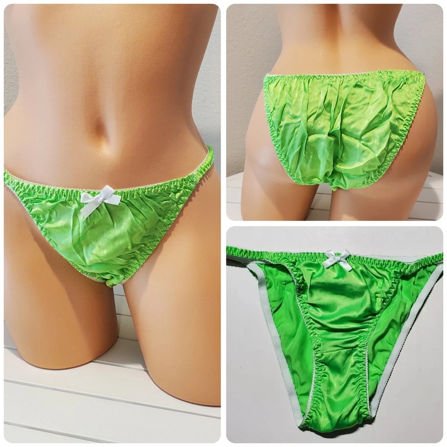 Liquid Satin String Bikini Panty Shiny Double Silk Gusset Screamin Green 8/XL