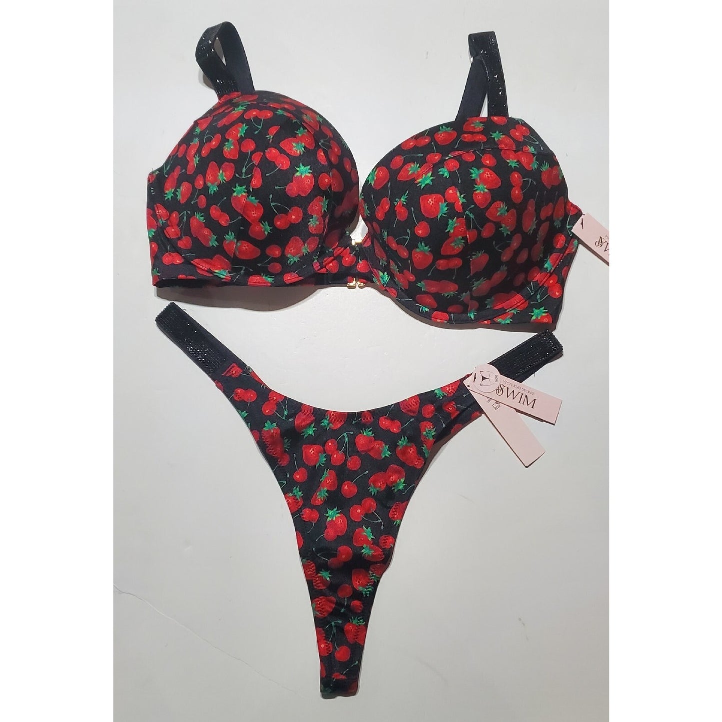 Victoria's Secret Swim Push-Up Bikini Set Shine Strap Cherry Print 38D/M
