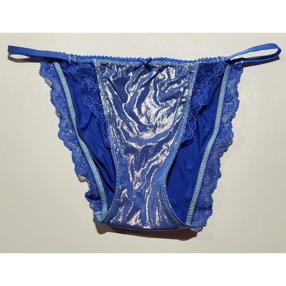 Victoria's Secret Dream Angels String Bikini Panty Shiny Lace Trim Blue Eyes 4/XS