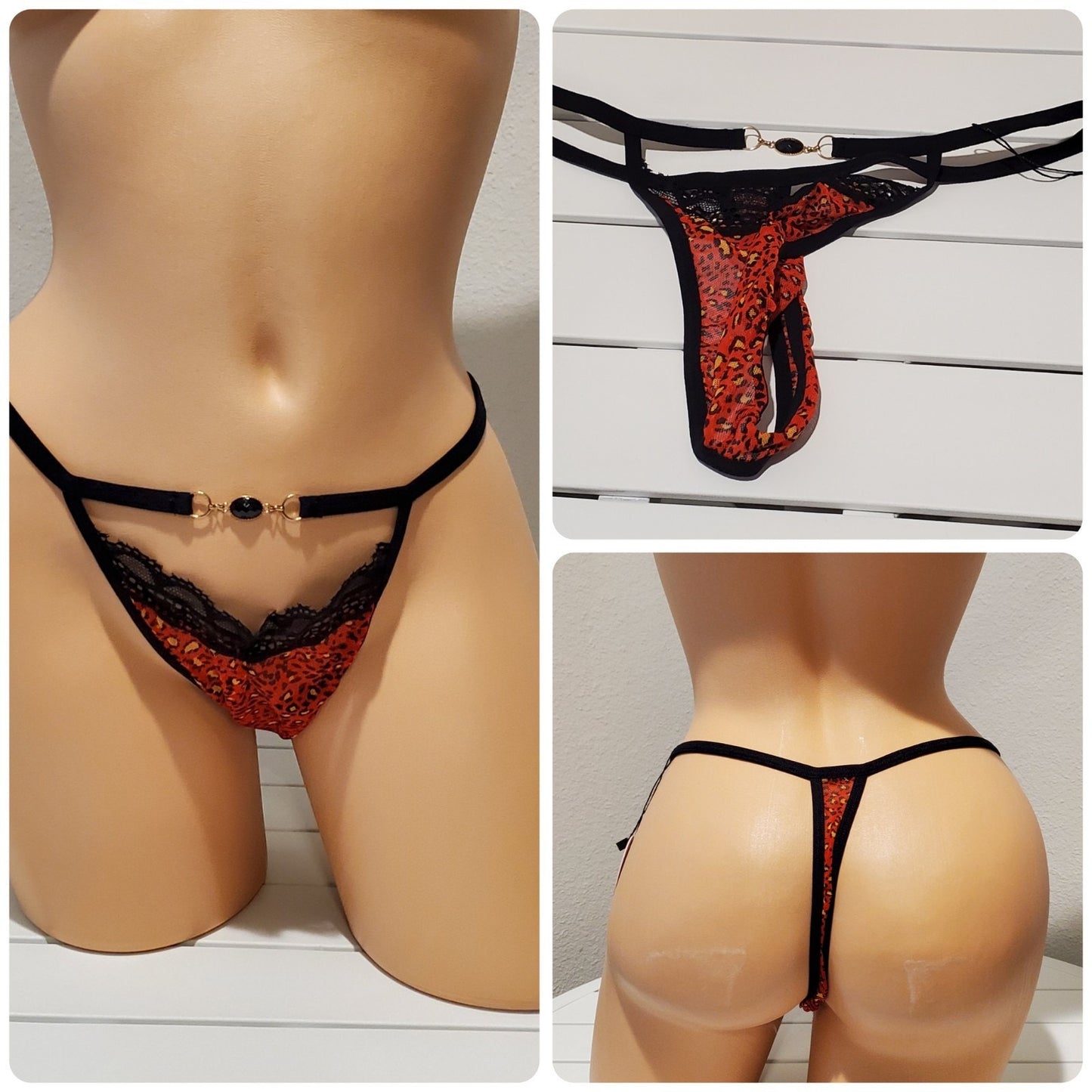 Celamirio Sheer G-String Thong Unlined Gusset Red Leopard Print XL/8