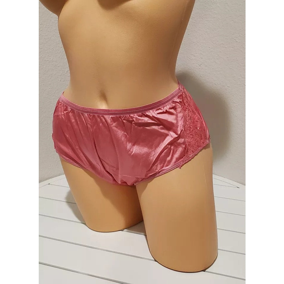 Shadowline 11182 Lace Insets Bikini Panty Shiny Nylon Full Cut Pink On Point