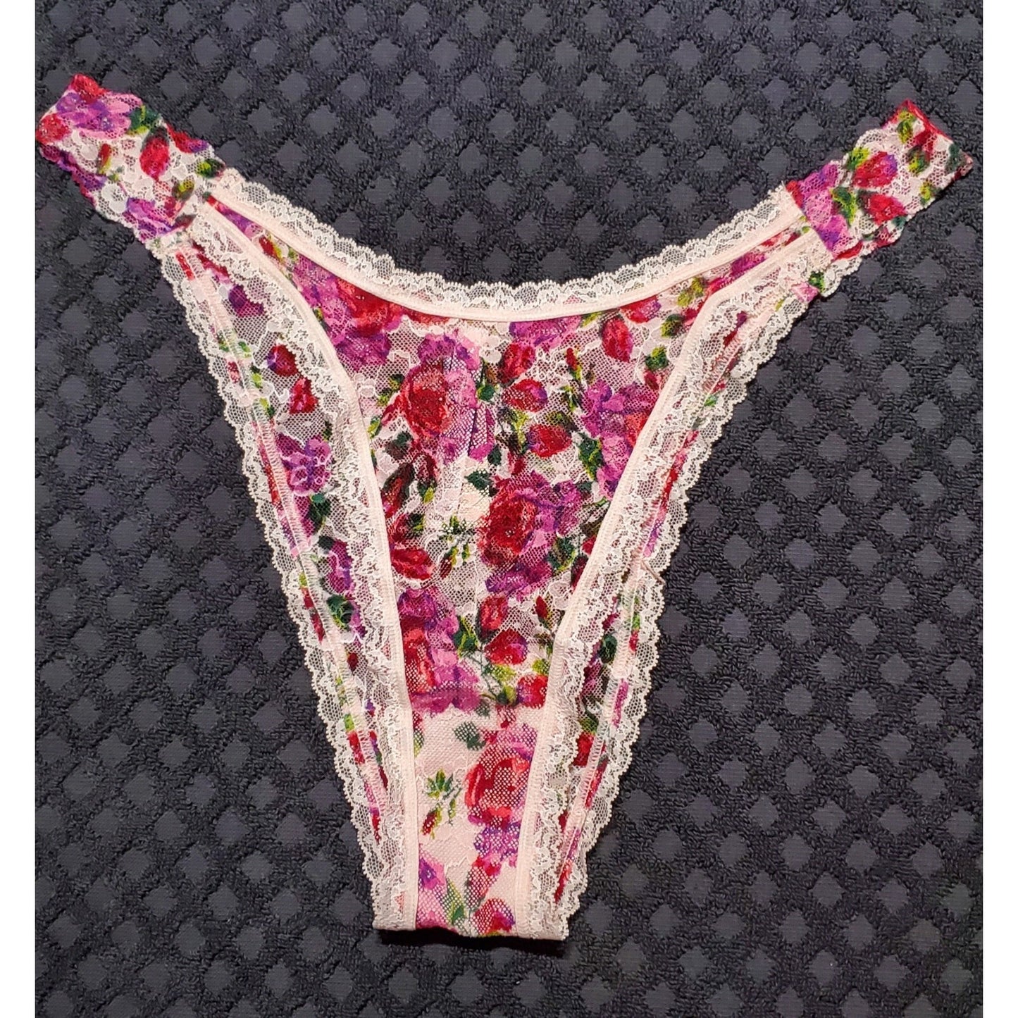 Victoria's Secret All Lace Brazilian Panty Semi Sheer Floral Print Pink 8/XL
