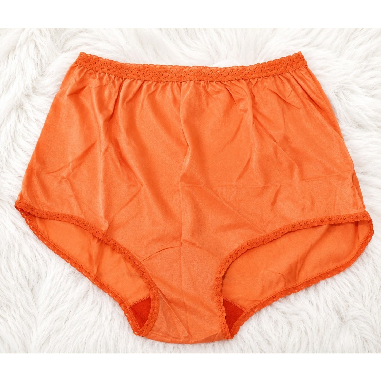Carole Silky Nylon Full Cut Brief Panty Wide Gusset Lace Trim Amber Orange 12