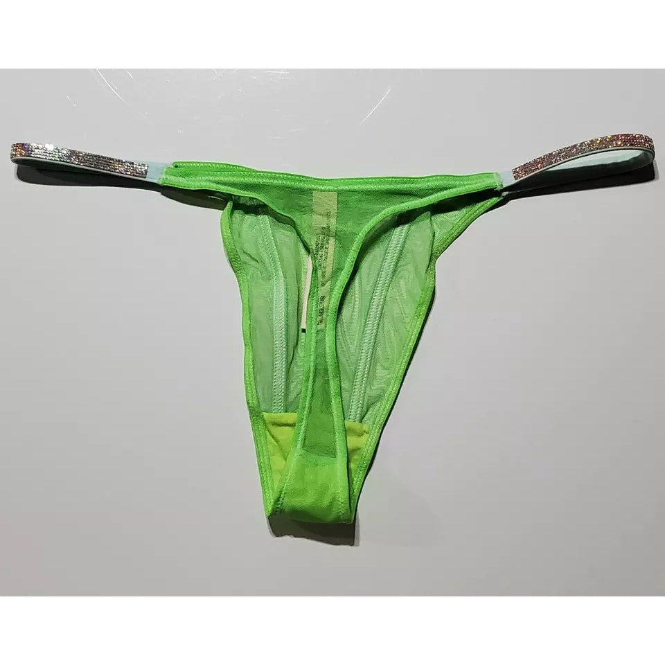 Victoria's Secret Very Sexy Shine Strap Thong Panty Semi Sheer Citron Green 6/M