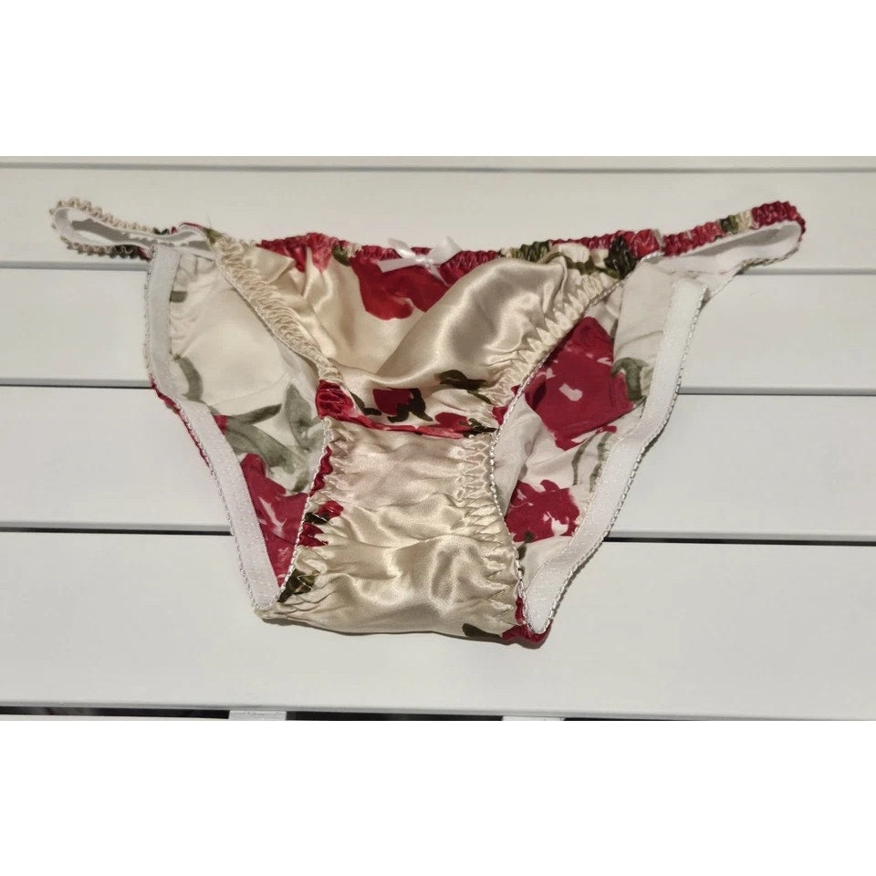 Liquid Satin String Bikini Panty Shiny Double Silk Gusset Floral Print Ivory