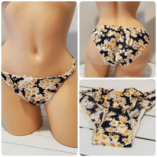 Liquid Satin String Bikini Panty Shiny Double Silk Floral Print Yellow Daisy Star Vintage And More LLC