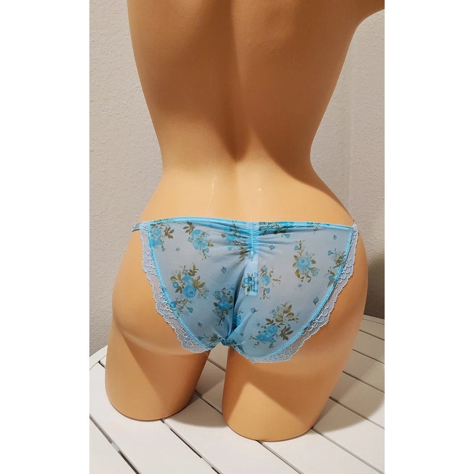 Victoria's Secret Dream Angels Bikini Panty Semi Sheer Floral Print Blue Cyan