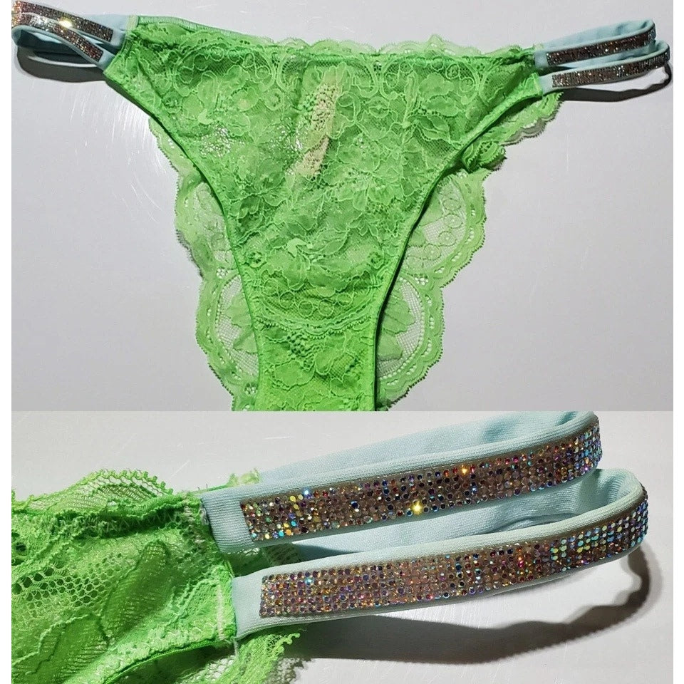 Victoria's Secret Double Shine Strap Brazilian Panty Sheer All Lace Green Citron