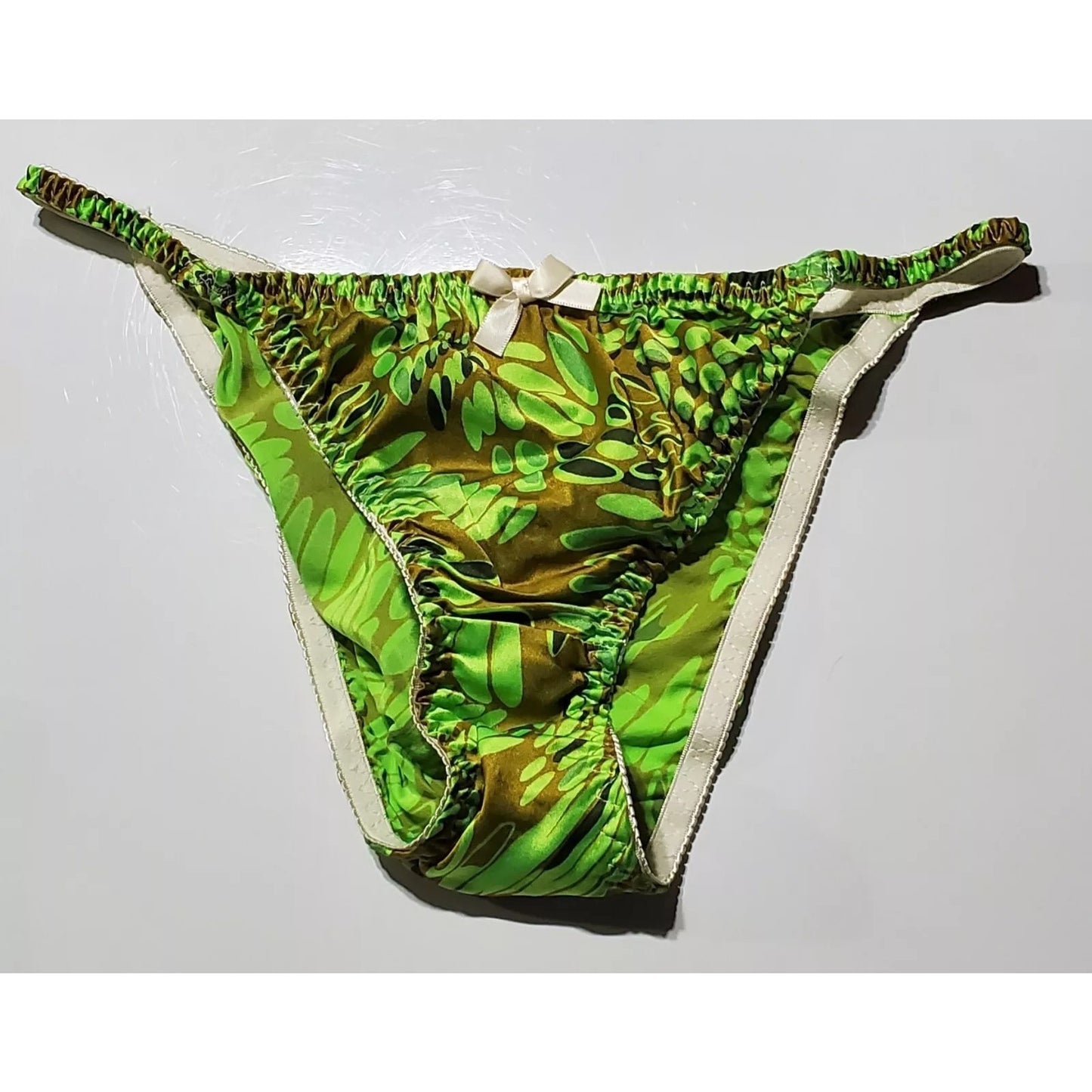 Liquid Satin String Bikini Panty Shiny Double Silk Gusset Apple Green Print