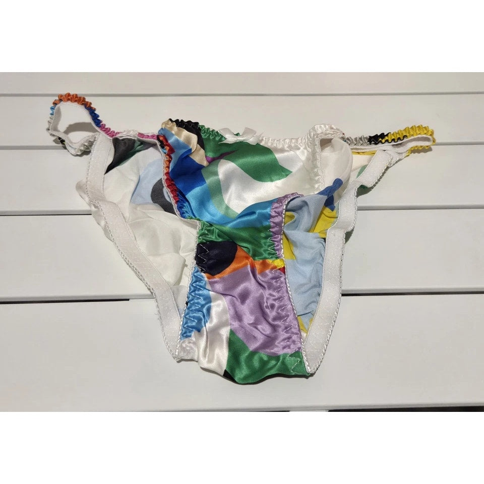 Liquid Satin String Bikini Panty Shiny Double Silk Gusset Print Multi Color