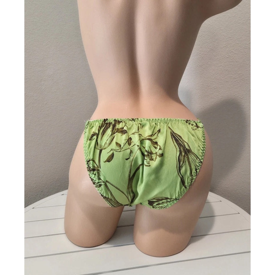Liquid Satin String Bikini Panty Double Silk Gusset Floral Print Vibe Green
