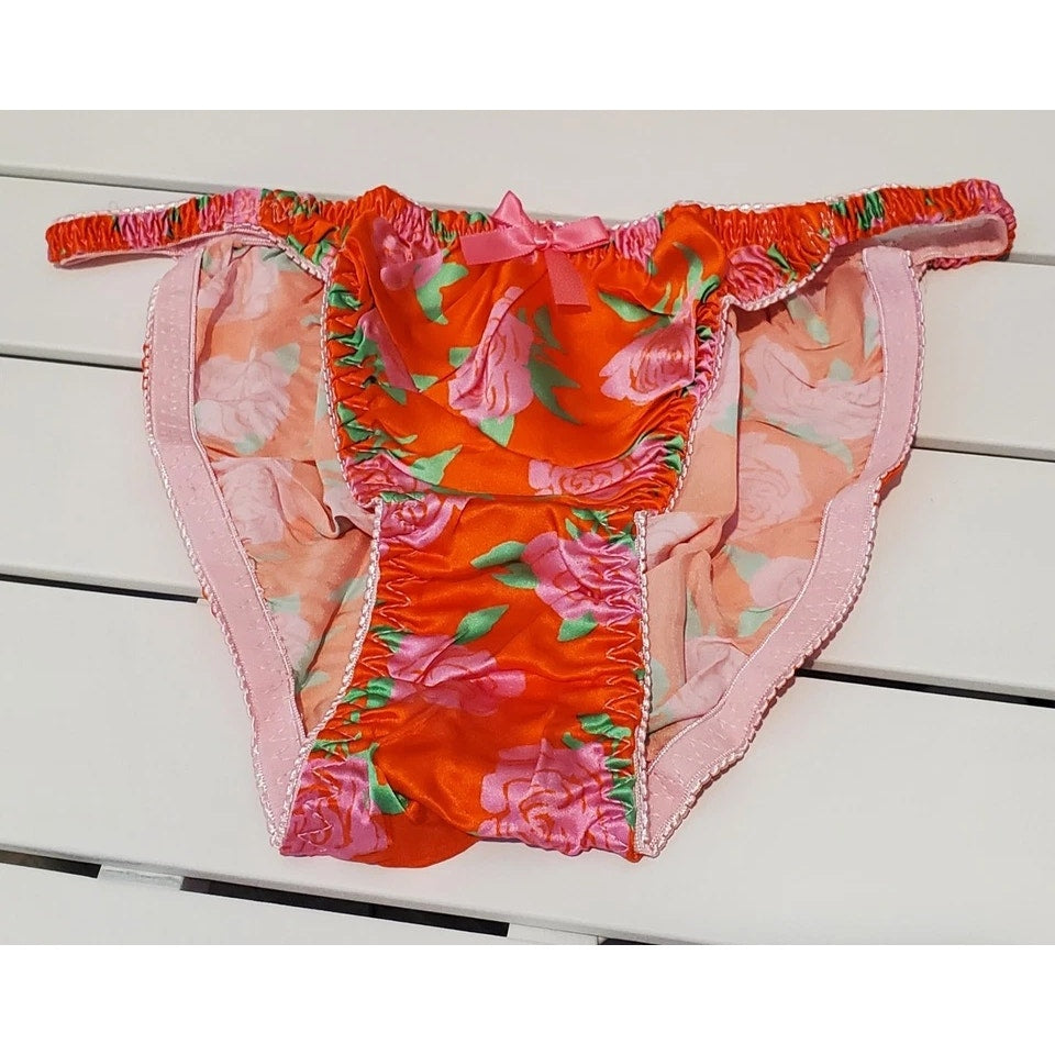 Liquid Satin String Bikini Panty Shiny Double Silk Pink Orange Floral Print 7/L