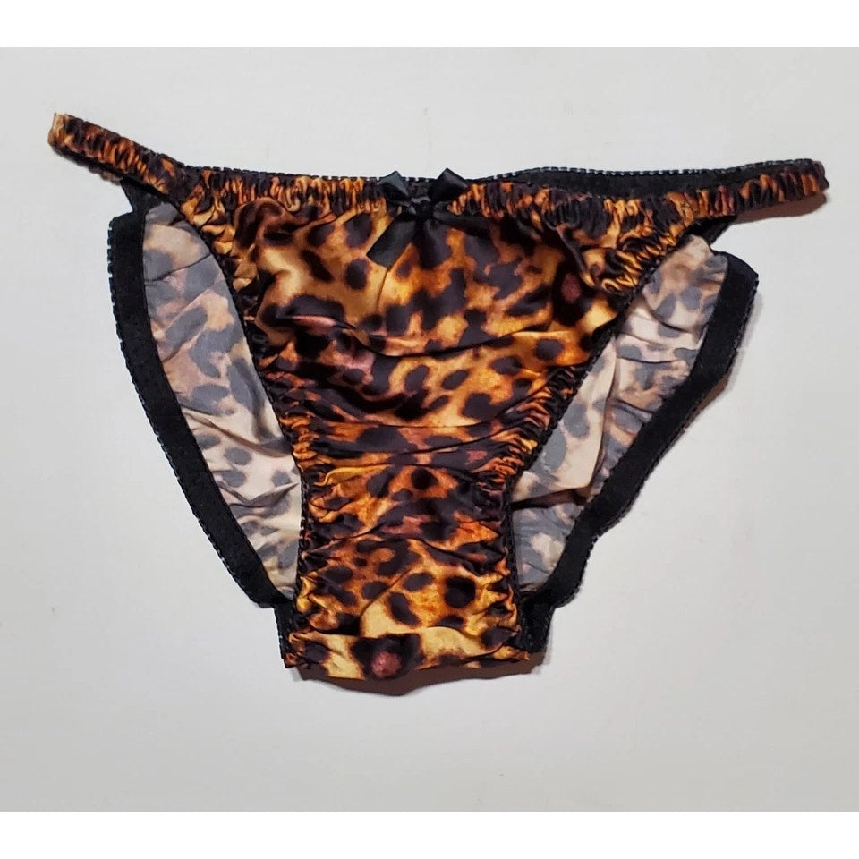 Liquid Satin String Bikini Panty Shiny Double Silk Gusset Hot Leopard Print 5/S
