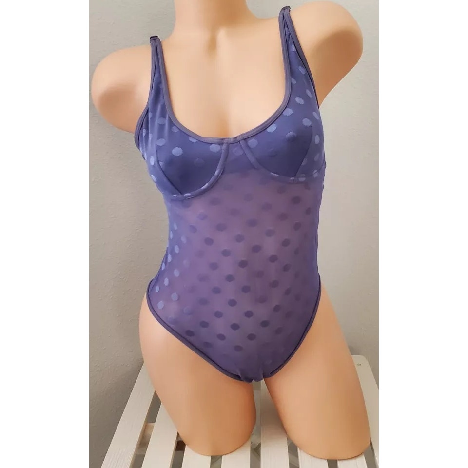 Victoria's Secret PINK Bodysuit Lingerie Sheer Polka Dot Snap Gusset Blue Velvet 6/M