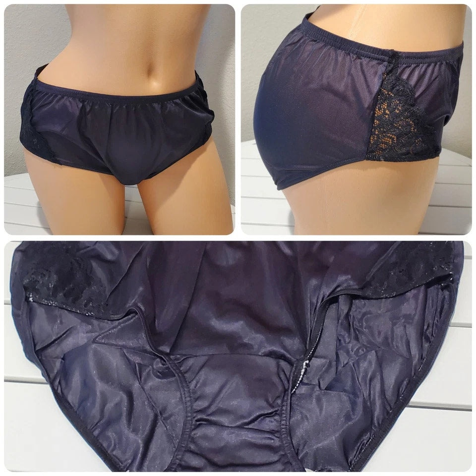 Shadowline 11182 Lace Insets Bikini Panty Shiny Nylon Full Cut Silky Black - Star Vintage & More