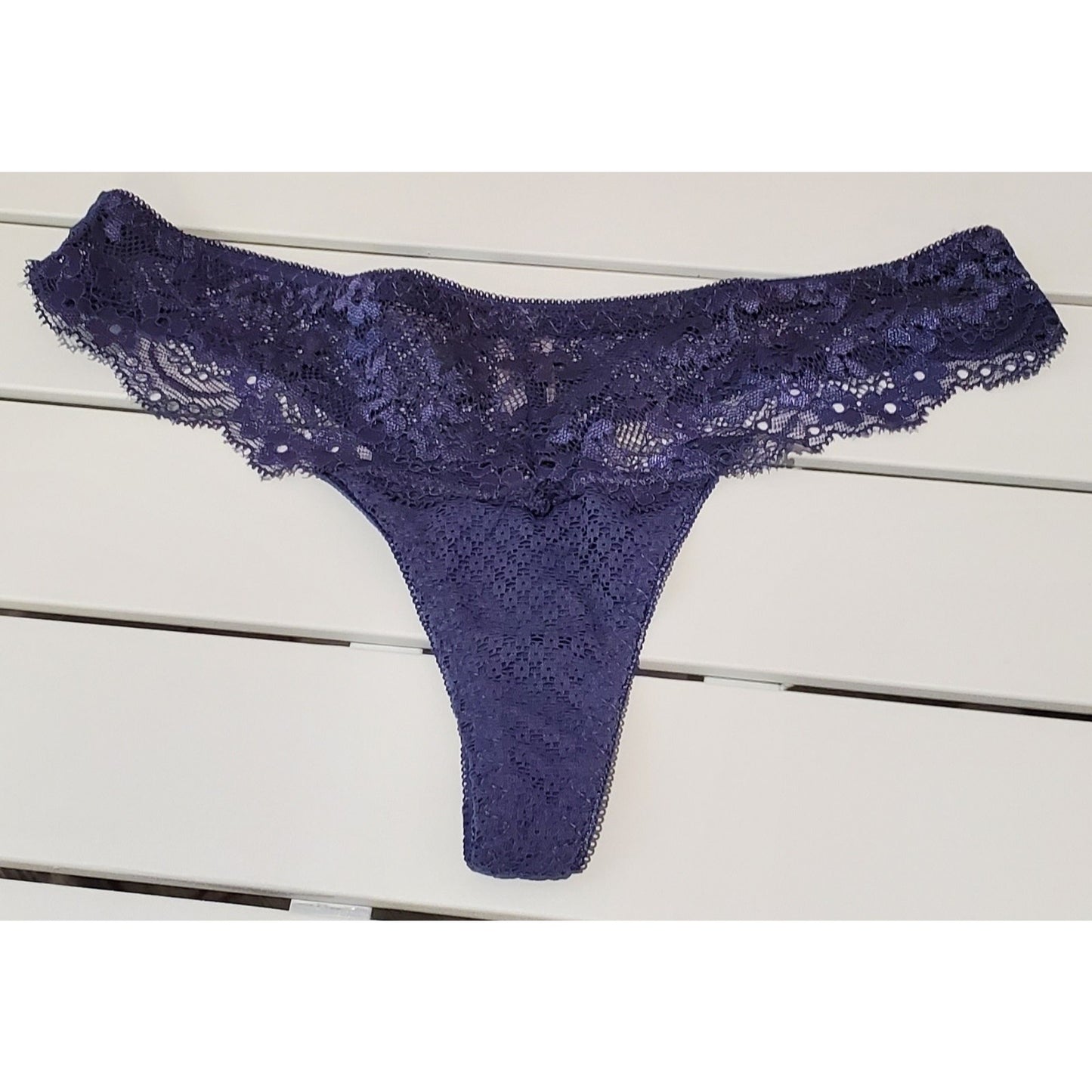 Mamia LP9058LT Satin Stretch Floral Lace Thong Panty Semi Sheer Deep Purple 6/M