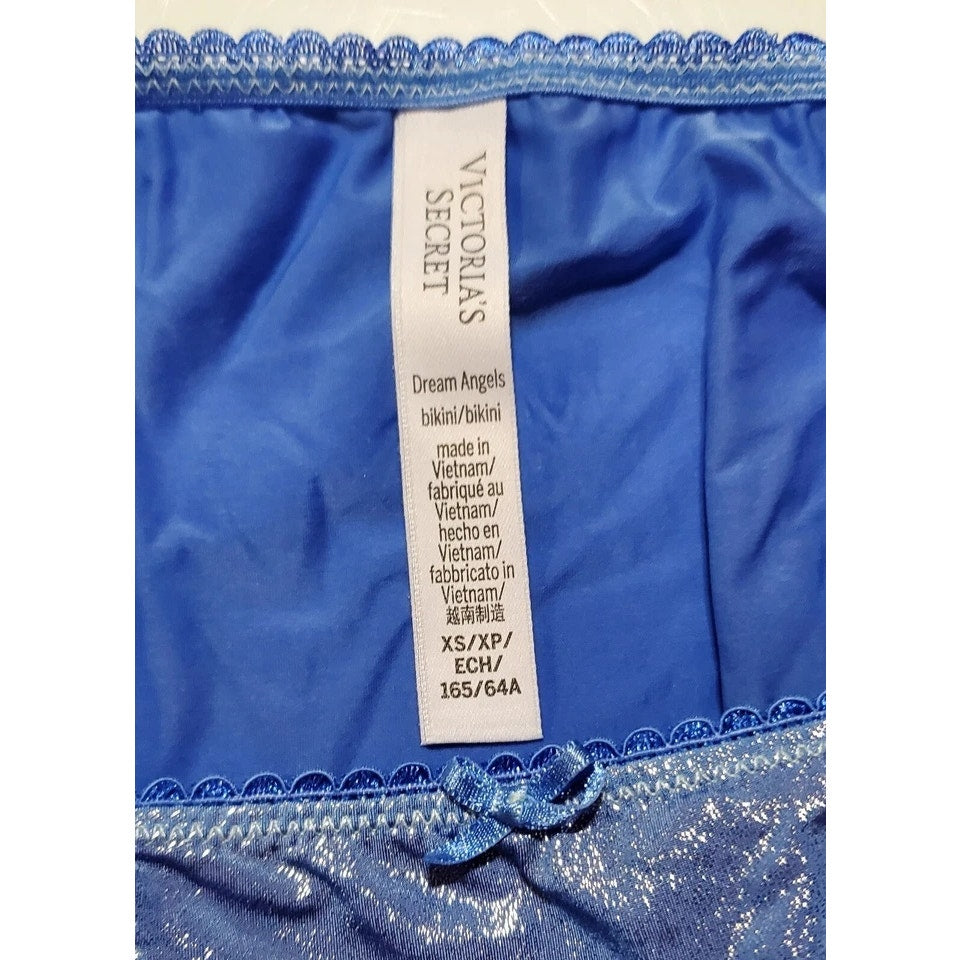 Victoria's Secret Dream Angels String Bikini Panty Shiny Lace Trim Blue Eyes 4/XS