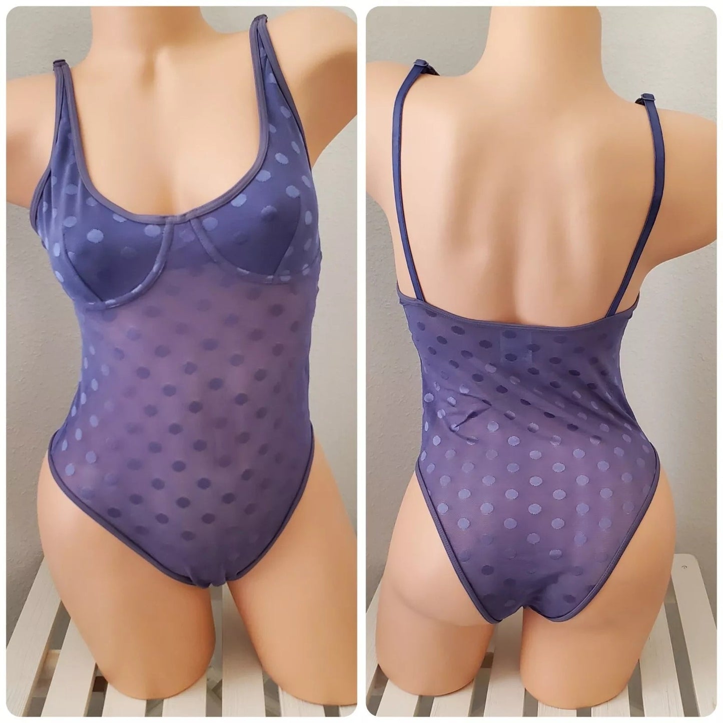 Victoria's Secret PINK Bodysuit Lingerie Sheer Polka Dot Snap Gusset Blue Velvet 6/M