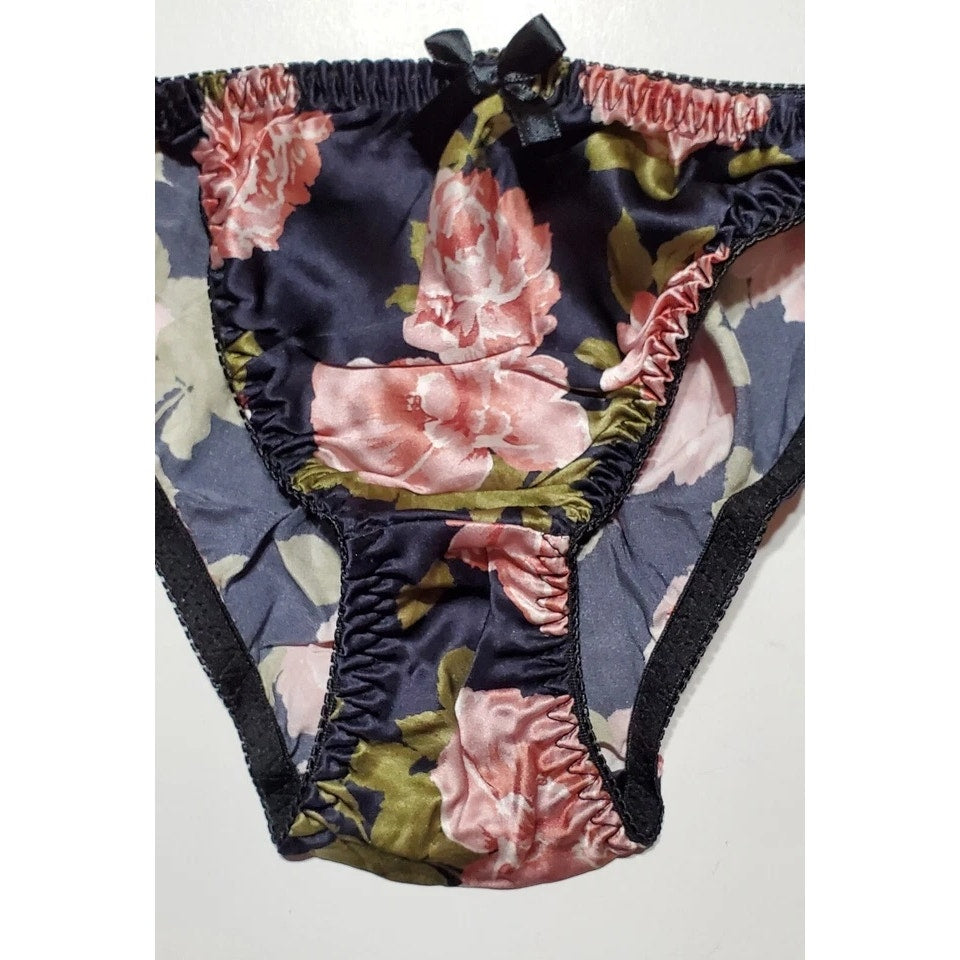 Liquid Satin String Bikini Panty Shiny Double Silk Gusset Floral Print Pink 5/S