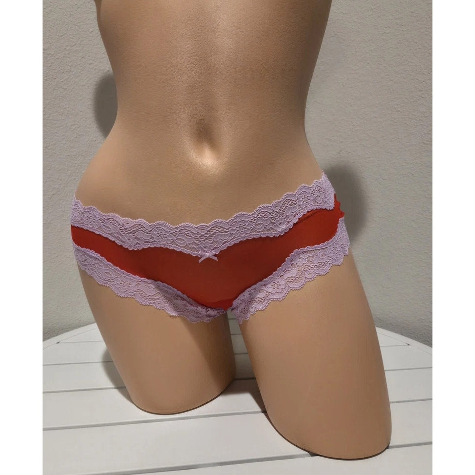 Victoria's Secret Tease Cheekini Bikini Panty Semi Sheer Lace Trim Red Pink 4/XS