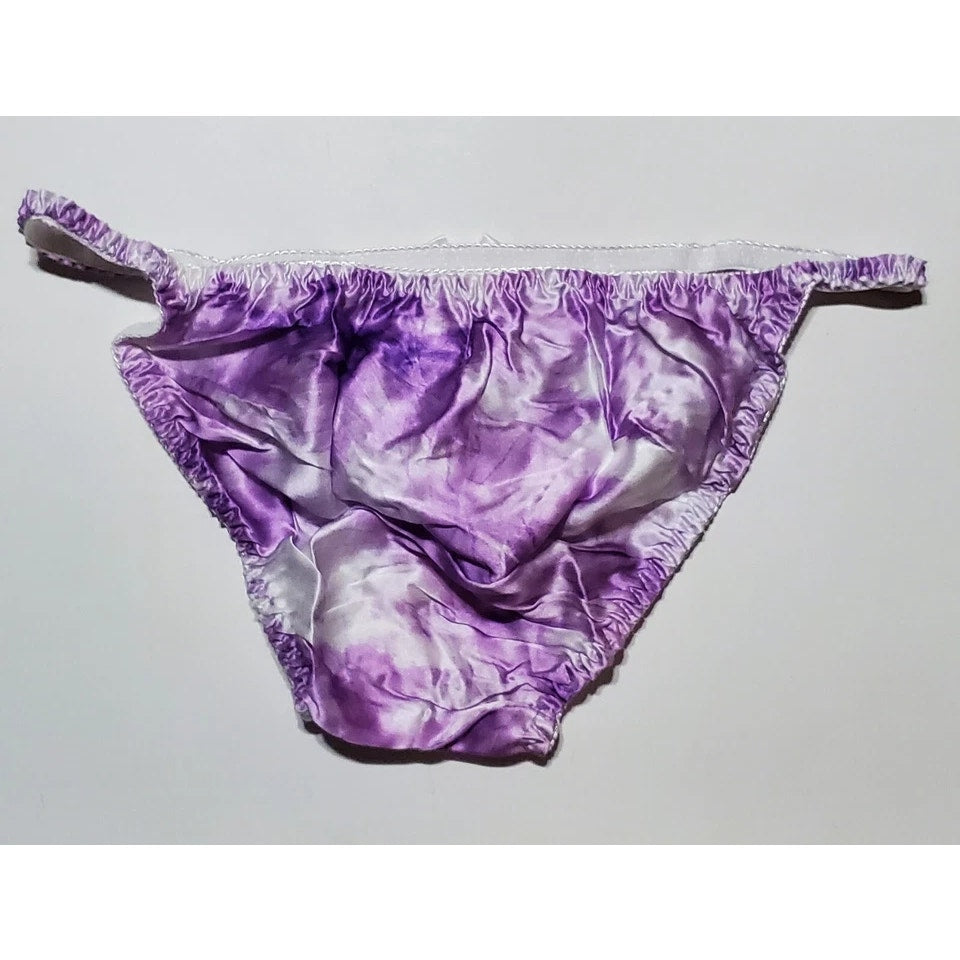 Liquid Satin String Bikini Panty Shiny Double Silk Gusset Print Purple Cloud
