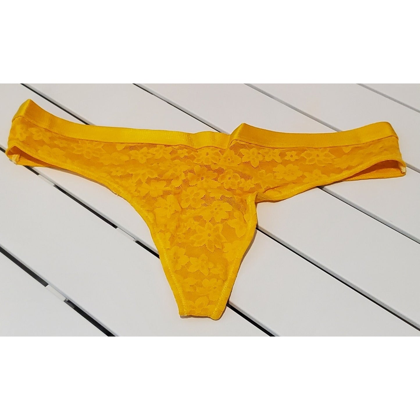 Victoria's Secret PINK Floral Lace Thong Panty Semi Sheer Tulip Yellow 7/L