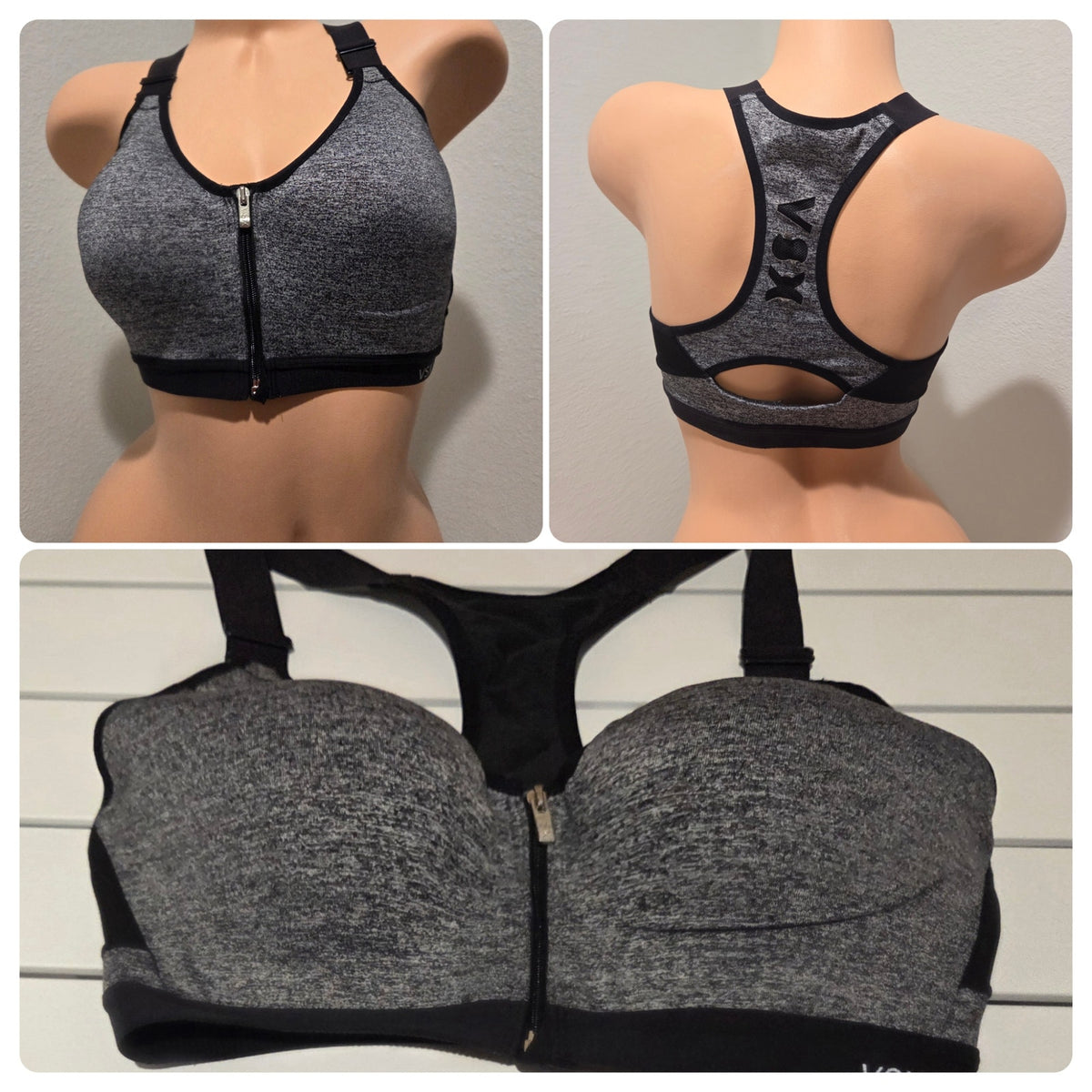 Victoria's Secret VSX Sport Bra Front Zip Racerback Colorblock Black Gray 34D
