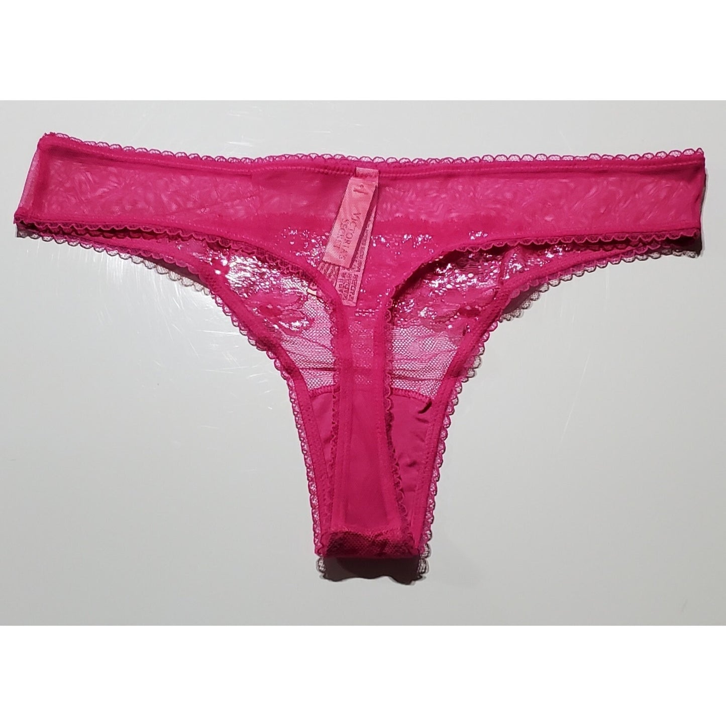 Victoria's Secret Body by Victoria Shiny Floral Thong Sheer Fuchsia Pink 7/L