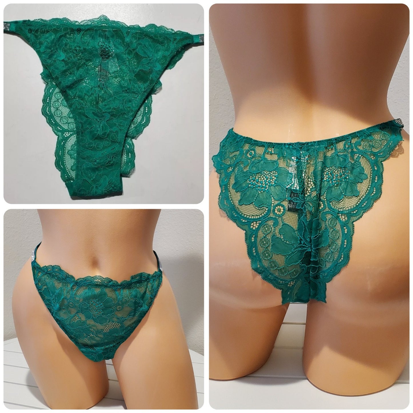 Victoria's Secret Shiny Brazilian Panty All Lace Strap Green 8/XL