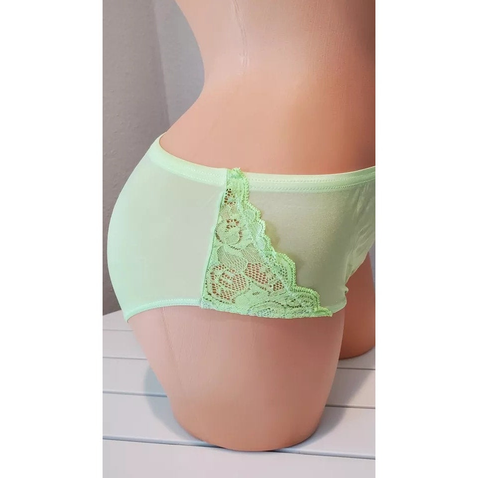 Shadowline 11182 Lace Insets Bikini Panty Shiny Nylon Full Cut Green Lime Lust