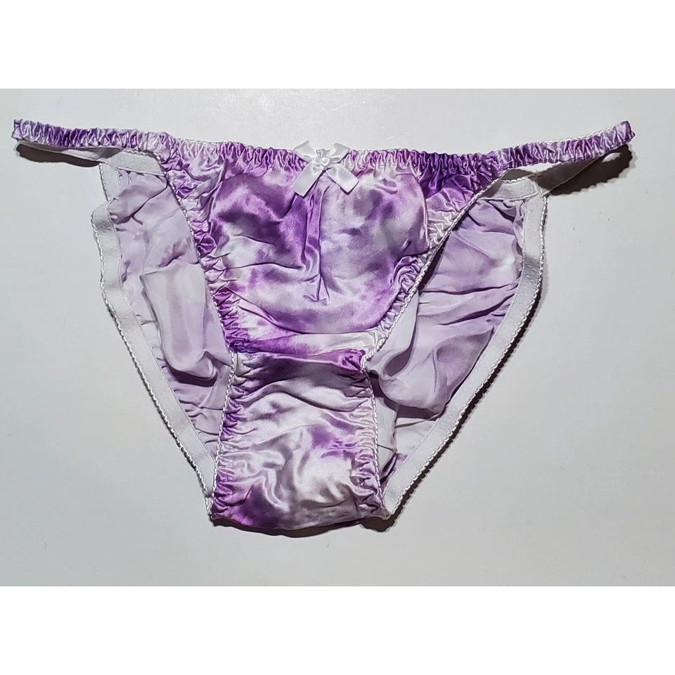 Liquid Satin String Bikini Panty Shiny Double Silk Gusset Print Purple Cloud