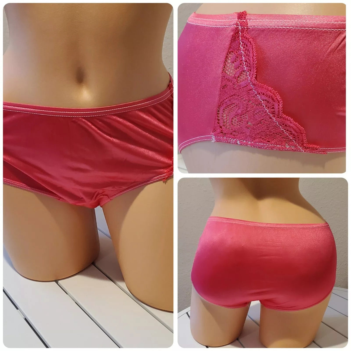 Shadowline 11182 Lace Insets Bikini Panty Shiny Nylon Full Cut Silky Peony Pink