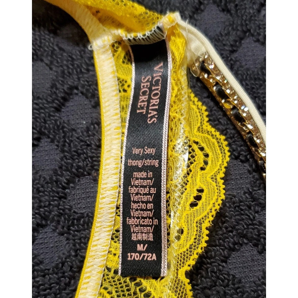 Victoria's Secret Shine Strap Y-Back Thong Panty All Lace Sheer Cyber Yellow 6/M
