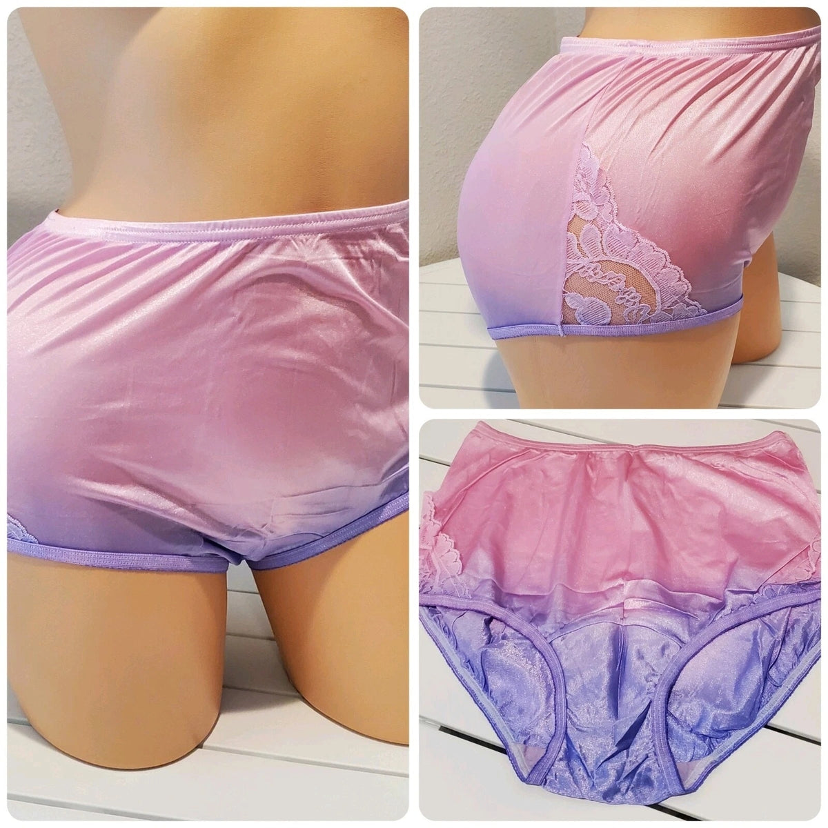 Vanity Fair Lace Nouveau Nylon Full Cut Panty Ombre Cotton Candy Pink Purple