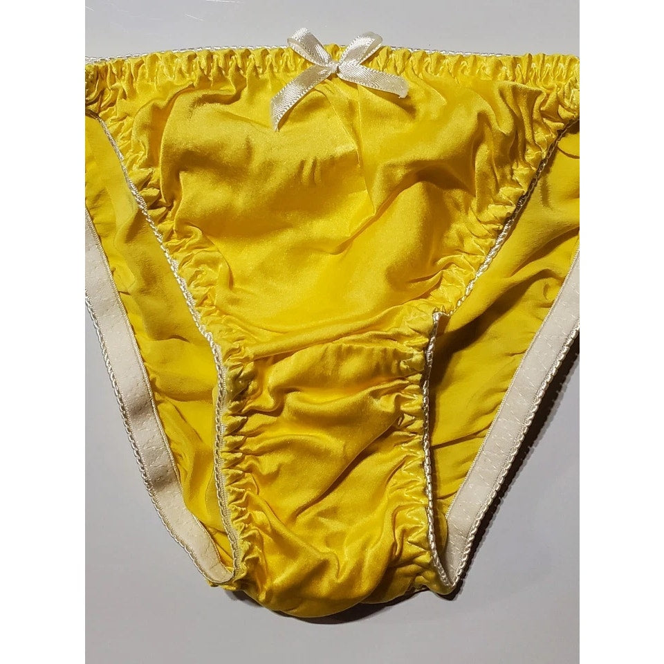 Liquid Satin String Bikini Panty Shiny Double Silk Gusset Tuscany Yellow 8/XL