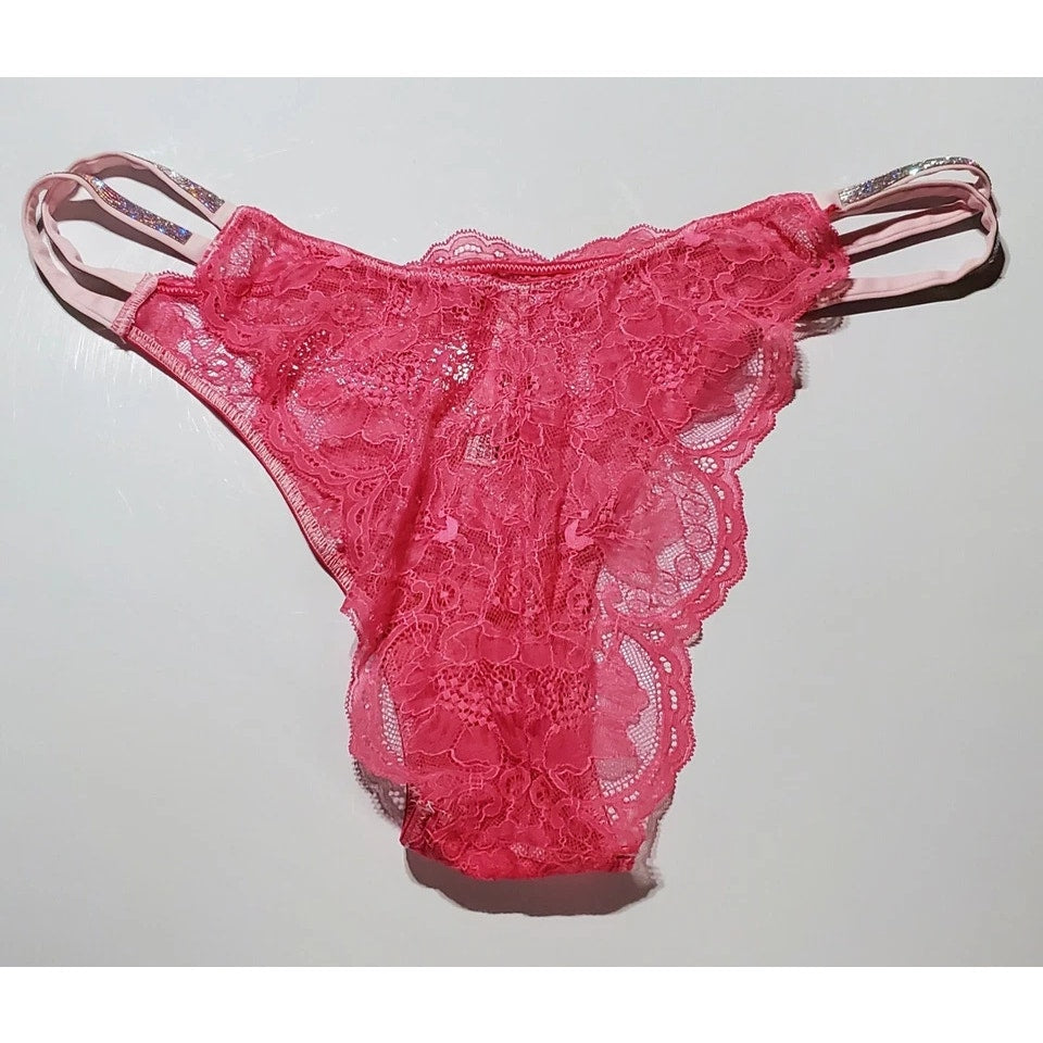 Victoria's Secret Double Shine Strap Brazilian Panty All Lace Fire Pink 9/2XL