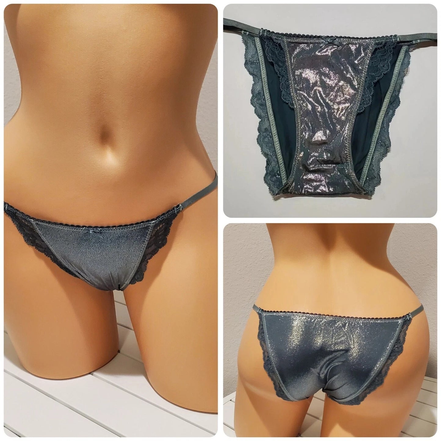 Victoria's Secret Dream Angels String Bikini Panty Shiny Lace Silver Platinum XS