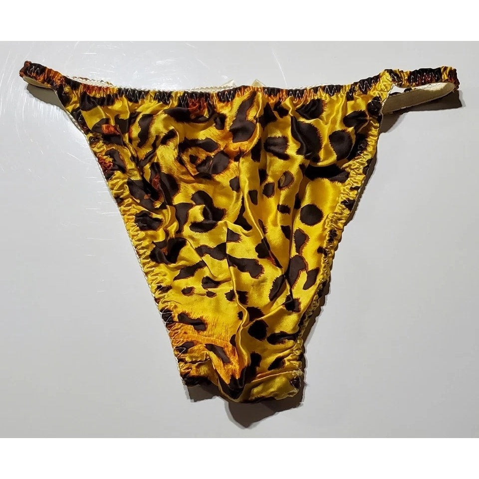 Liquid Satin String Bikini Panty Shiny Double Silk Leopard Print Sunshine Yellow