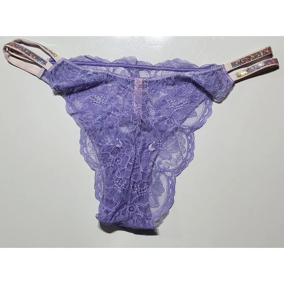 Victoria's Secret Double Shine Strap Brazilian Panty All Lace Purple Freeze 9