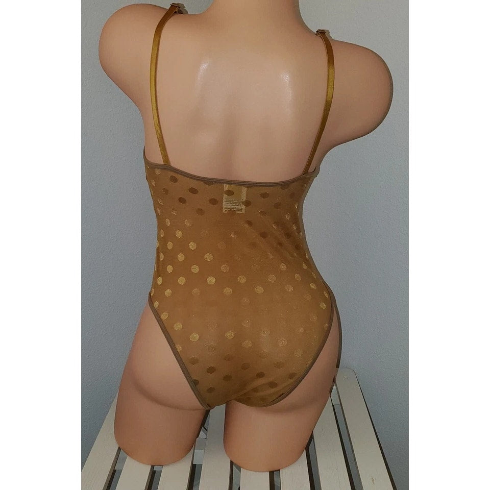 Victoria's Secret PINK Bodysuit Lingerie Polka Dot Snap Gusset Gold Shimmer 6/M