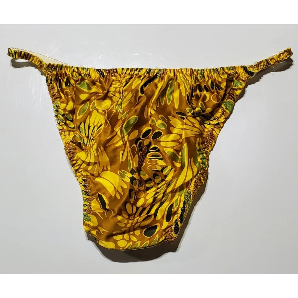 Liquid Satin String Bikini Panty Shiny Double Silk Gusset Sunshine Yellow Print