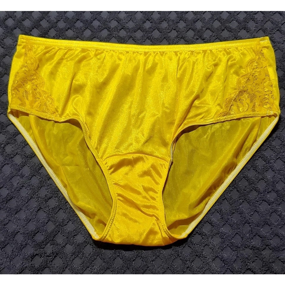 Shadowline 11182 Lace Insets Bikini Panty Shiny Nylon Full Cut Carnation Yellow