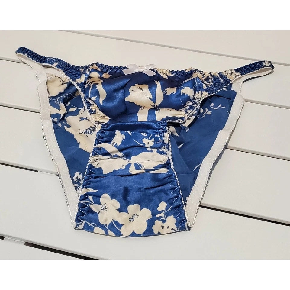 Liquid Satin String Bikini Panty Double Silk Floral Print Cream Ivory Azure